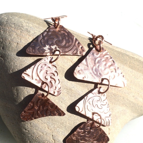 Triangle Geometric Copper Earrings Fish Scales Pattern Handmade Boho Gift Rustic - Picture 2 of 8